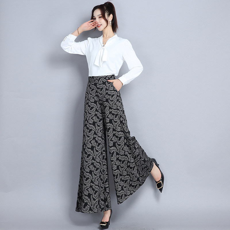 毛呢裙裤气质阔脚裤子女2025秋季新款裤裙喇叭阔腿裤印花大脚长裤