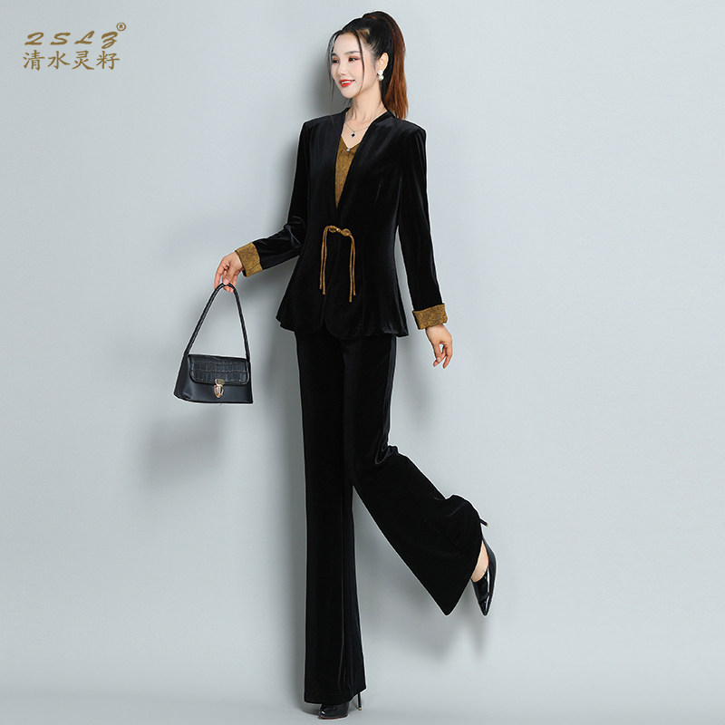 新中式金丝绒西服长裤三件套装女