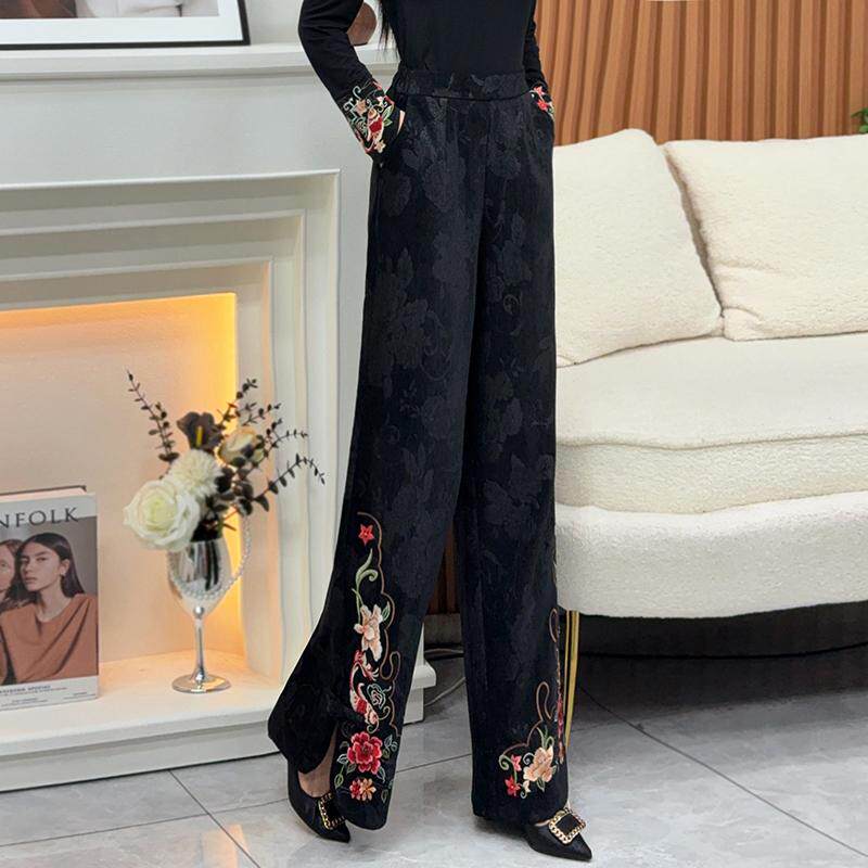 秋季新款新中式国风刺绣缎面提花阔腿裤长裤民族风绣花休闲裤子女