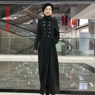 秋冬新款军装风修身显瘦简约保暖风衣毛呢外套职场高领大衣女