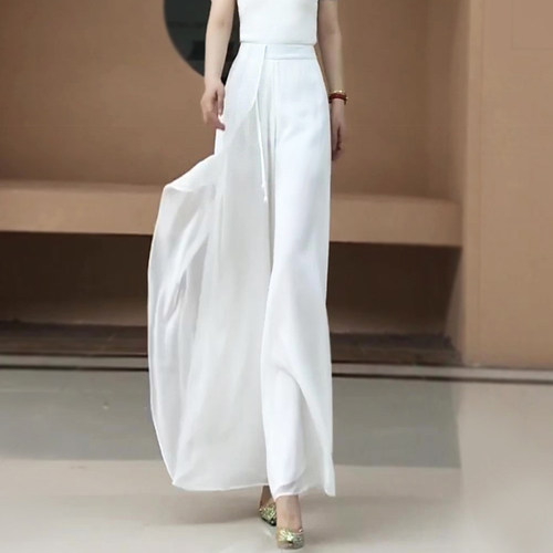 夏季拼纱阔腿裤裙裤雪纺长裤子女