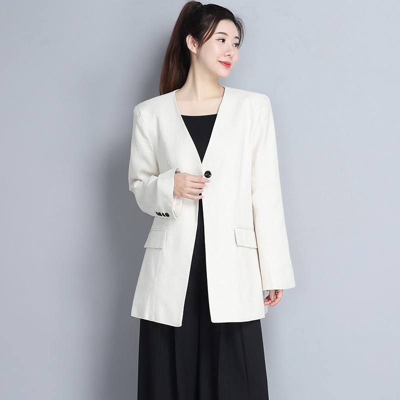 白色无领西装外套女上衣 2025年春季新款V领气质休闲纯色长袖外套