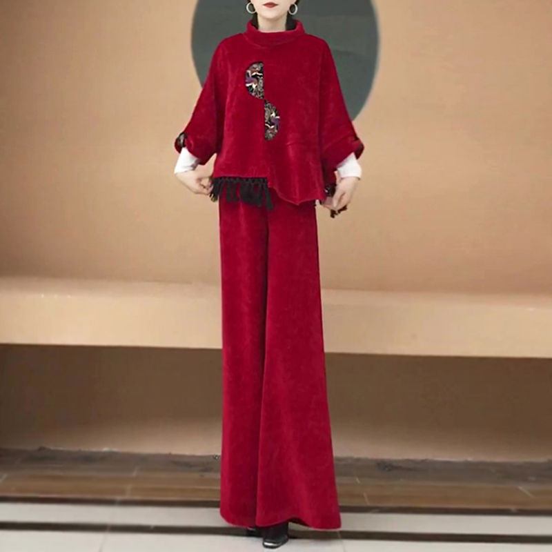 秋冬季披肩阔腿裤长裤套装中国风刺绣设计感新中式民族风两件套女