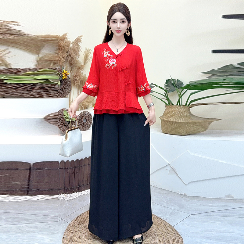 夏季新中式刺绣盘扣七分袖衬衫上衣阔腿裤裙裤雪纺长裤两件套装女