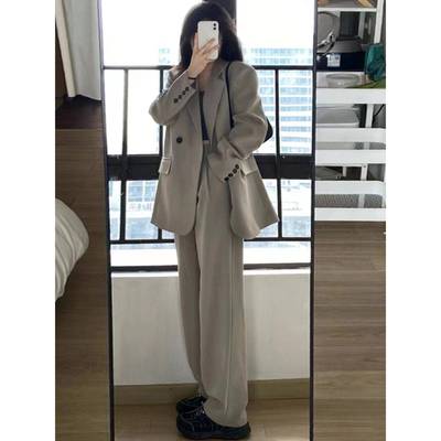 灰色西装套装女高级感2025年新款小个子休闲西服外套阔腿裤两件套
