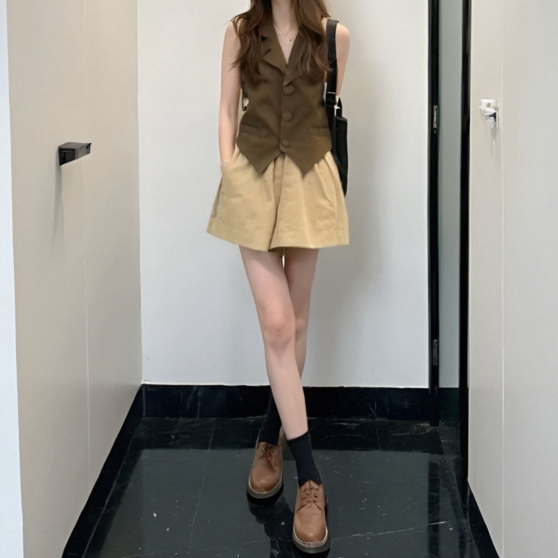韩系洋气套装女2025夏季气质西装领马甲百搭休闲阔腿短裤两件套潮