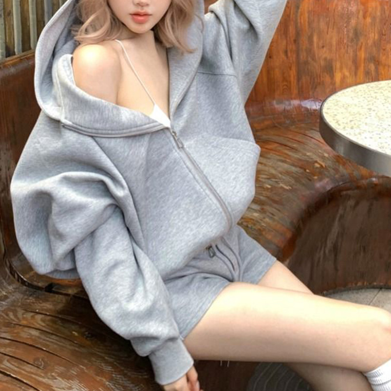 休闲套装灰色连帽卫衣外套女装2025年春秋高腰直筒裤短款两件套