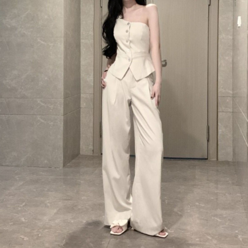 爆款气质套装设计感斜肩马甲背心女2025夏季西装拖地阔腿裤两件套