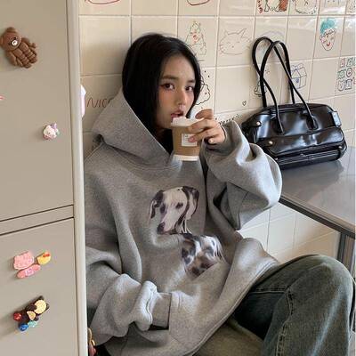 明星同款斑点狗狗印花连帽卫衣女套头秋冬外套宽松慵懒灰色帽衫