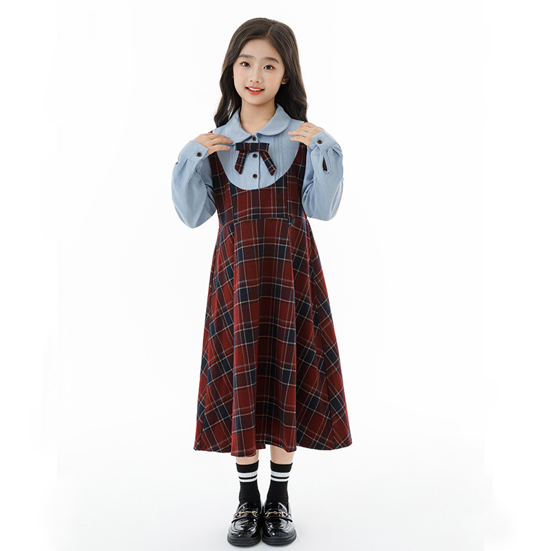 女童格子连衣裙假两件学院风公主裙2025新款秋冬装女大童长袖衬衫