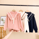 女童毛衣女大童秋冬装 洋气儿童加绒加厚花边领套头内搭打底针织衫