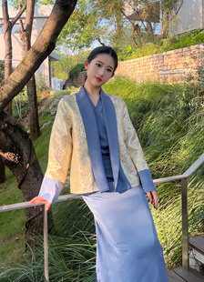 藏蓝的诗 卡里布蓝 2024秋冬新款两件套西藏服博拉连衣裙提花高级