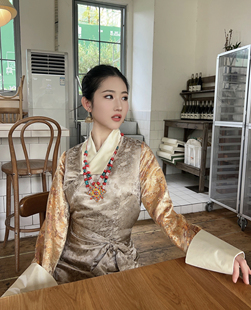 藏蓝的诗 白玉映沙 春夏新款原创西藏服博拉连衣裙提花高贵气质