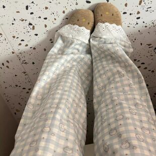 猫咪格子裤子女夏季薄款花边拼接宽松直筒休闲裤垂感显瘦阔腿长裤