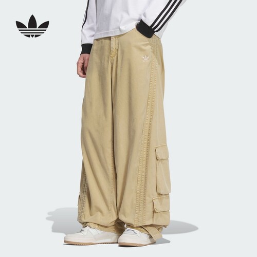 Adidas三叶草男子新款大口袋工装条纹裤宽松运动阔腿牛仔裤KE0468