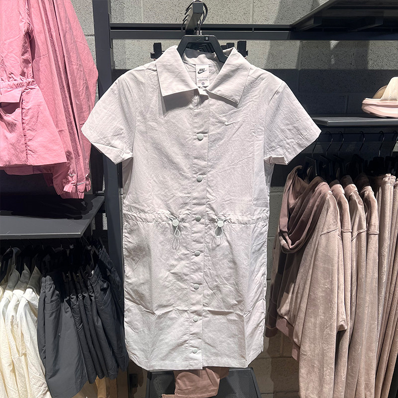 NIKE耐克女25夏季新款连衣裙运动休闲抽绳刺绣衬衫裙HJ1145-034