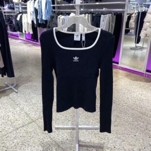 阿迪达斯三叶草方领套头衫2024冬女ADICOLOR复古紧身针织衫JM8052