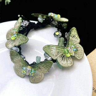 小狐狸饰品手工串珠蝴蝶小皮筋小发绳手链两用绿色粉色色精致头绳