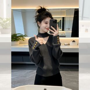 韩系慵懒风深灰色V领收腰针织衫毛衣女秋冬季超火小众不撞款上衣
