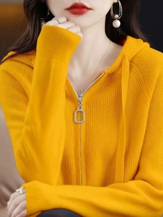 女士秋冬新款连帽拉链开衫休闲毛衣纯色宽松百搭针织衫
