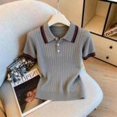 新款 冰丝爆款 2026夏季 T恤女装 灰色气质上衣 休闲Polo领针织短袖