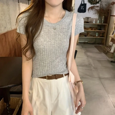 圆领短袖t恤女2025夏季新款薄款冰丝针织衫气质百搭显瘦白色上衣