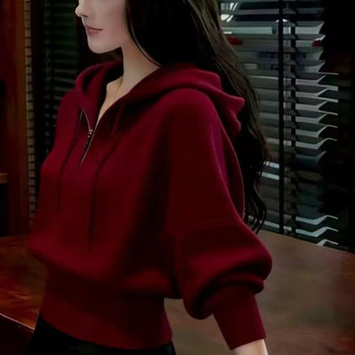 厂家直销秋冬厚款纯色针织连帽毛针织衫休闲慵懒风上衣针织衫短款