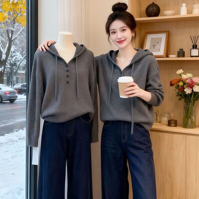 韩系连帽纽扣针织衫卫衣女2025冬季新款慵懒风宽松百内搭外套上衣