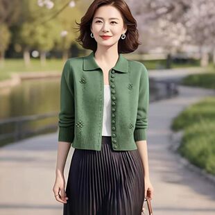 翻领刺绣百搭上衣针织开衫 秋冬季 外搭 高档短款 小个子毛衣外套女装