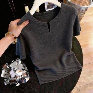 百搭宽松遮肚子纯色针织衫 简约通勤短袖 小众时尚 新款 t恤2026夏季