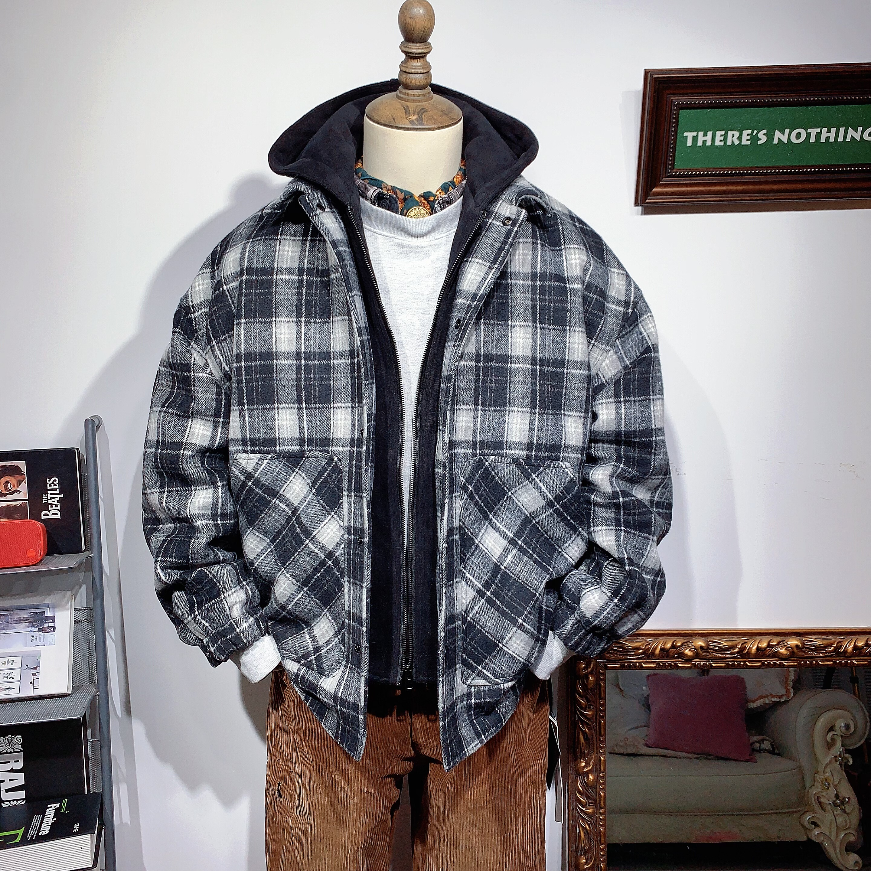 羊毛连帽外套男士冬季加绒加厚新款宽松时尚格子拼色情侣款2025潮