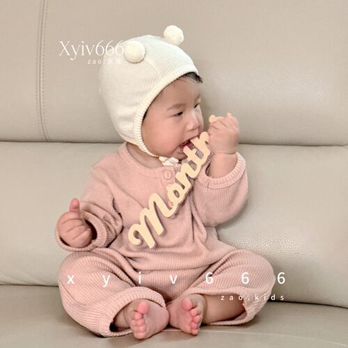 韩国进口婴儿休闲针织连体哈衣PEEKABOO春秋简约舒服爬服睡衣