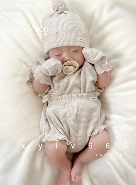 韩国代购peekaboo女宝宝夏季新生儿华夫格波浪和尚服高腰护肚套装