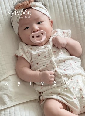 韩国进口peekaboo婴幼童柔软亲肤小碎花木耳边家居服套装夏季短袖