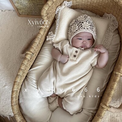 韩国进口婴儿木耳边短袖连体哈衣女宝宝夏季华夫格爬服PEEKABOO