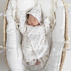 韩国正品童装peekaboo新生儿春秋纯棉碎花印花蝴蝶衣爬服帽子