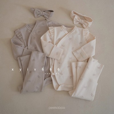韩国进口peekaboo新生儿连体衣春秋25新款和尚服纯棉飞袖爬服套装