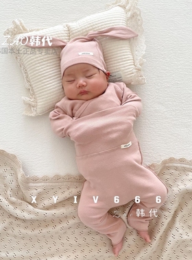 韩国进口新生儿套装全棉斜襟和尚服高腰大PP护肚裤胎帽PEEKABOO