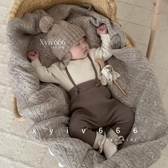 韩国进口婴儿可爱螺纹背带裤男女宝宝春秋高腰护肚举重裤PEEKABOO