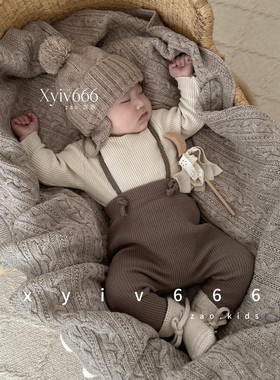 韩国进口婴儿可爱螺纹背带裤男女宝宝春秋高腰护肚举重裤PEEKABOO