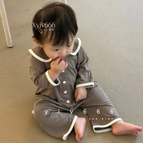 韩国正品童装peekaboo男女宝宝春秋款空调服翻领单排扣连体衣爬服
