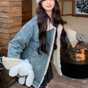 牛仔羊羔毛外套女冬季新款韩系派克服小个子流行加绒加厚休闲棉服图片