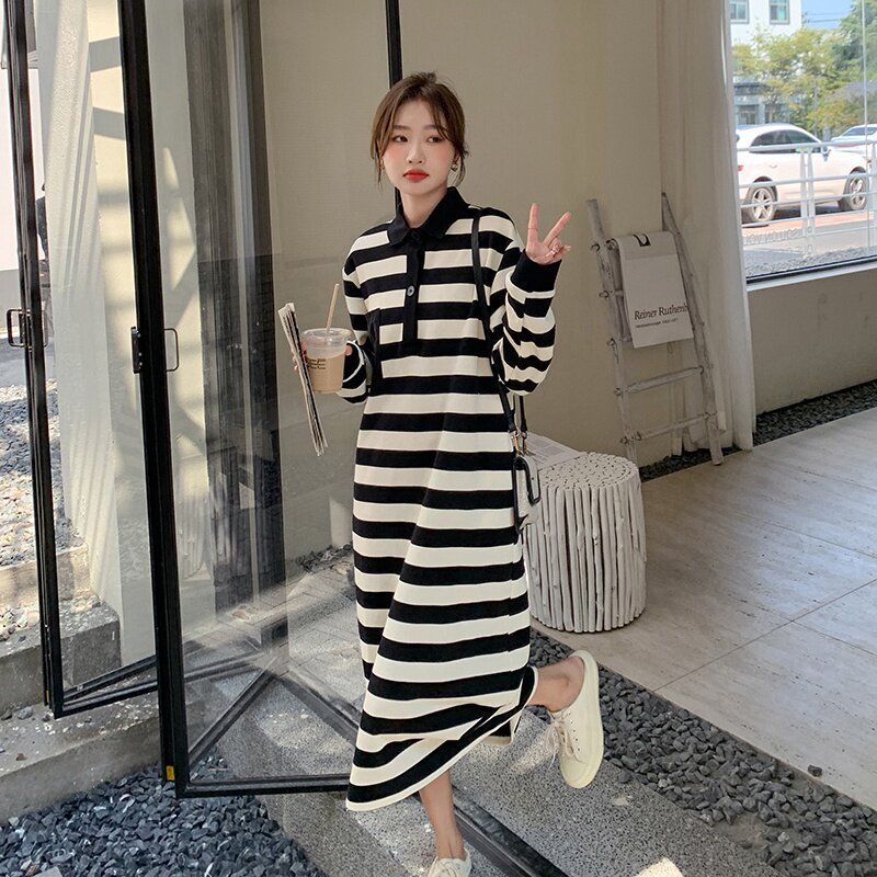 K3573现货2023秋季新款懒人大条纹T恤连衣裙P125K178，女装连衣裙，浙宝108