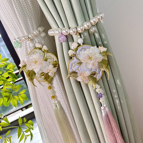 田园风山茶花窗帘绑带磁力绑绳