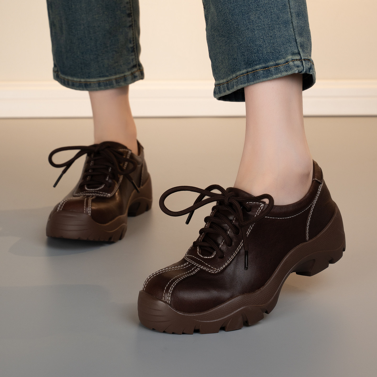 英伦风厚底德比鞋女真皮系带休闲单鞋复古深口鞋不累脚圆头中跟,女鞋,深口单鞋,淘宝优惠券,粉丝福利购,淘宝优惠卷