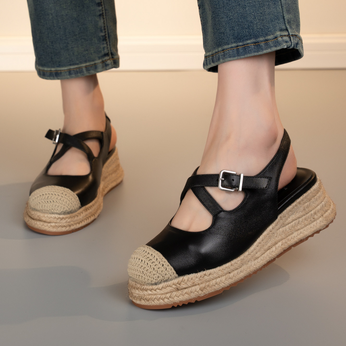 法式复古玛丽珍鞋女厚底松糕底交叉扣带草编渔夫鞋真皮单鞋圆头,女鞋,浅口单鞋,淘宝优惠券,粉丝福利购,淘宝优惠卷