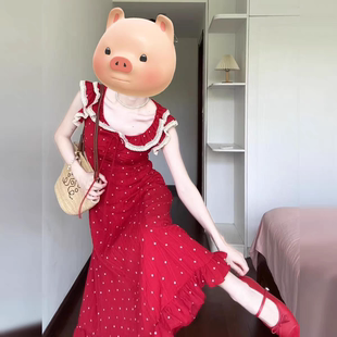 法式红色小飞袖波点连衣裙子女装夏季2025新款海边度假高级感长裙