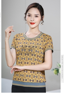 凯斯曼中老年女装 黄色圆领休闲上衣T恤 短袖 台湾网纱夏季