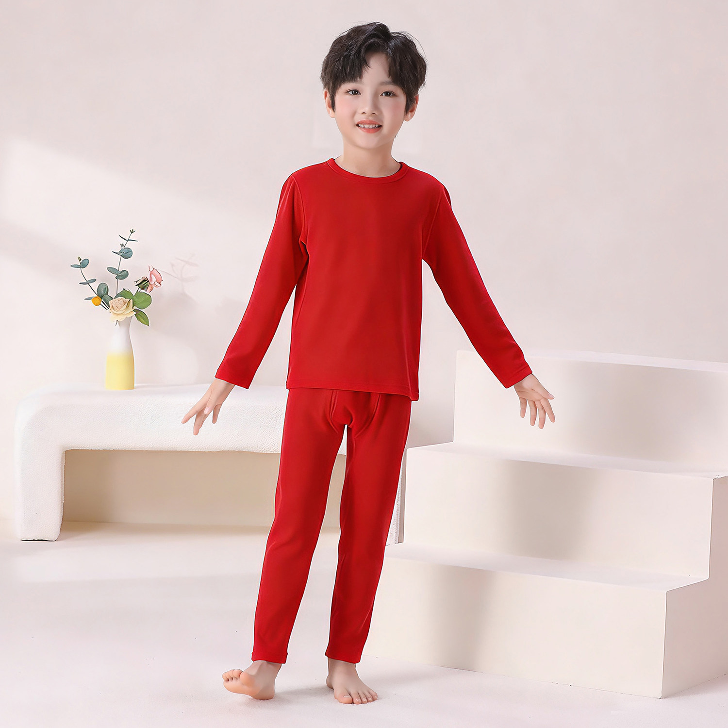 儿童亲肤保暖套装纯棉红色本命年男童女童男孩秋衣秋裤内衣裤马年