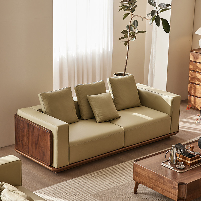 意式轻奢黑胡桃木真皮沙发头层牛皮北欧高端全实木新中式客厅沙发